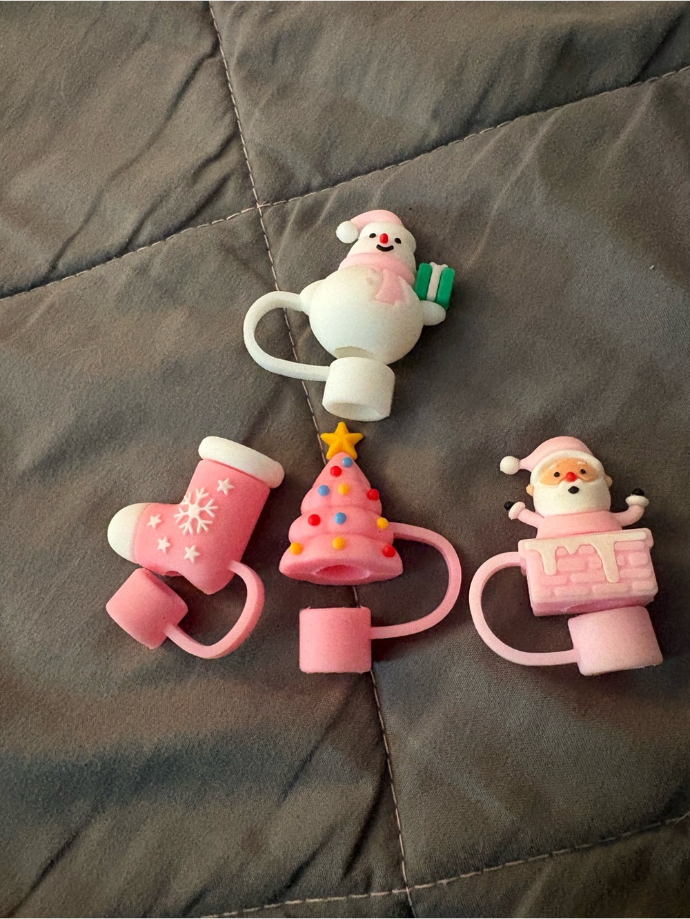 Cute Pink Christmas Straw Protectors Pack - Snowman, Tree, Santa, Boot
